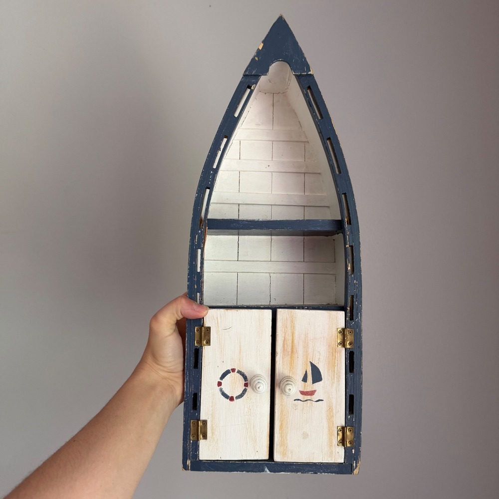 Nautical Wooden Boat Wall Shelf Blue White Distressed Coastal Decor 18.5 Inch